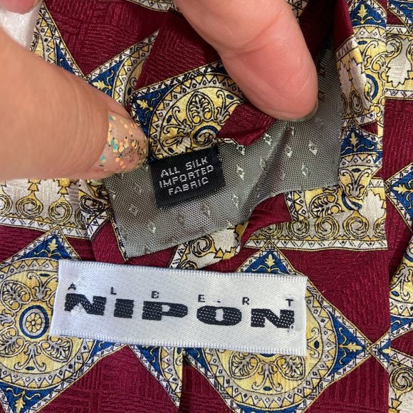 Vintage Albert Nipon Silk Mens Tie Regal Pattern Deep Red Gold Blue Art Deco - Picture 5 of 5